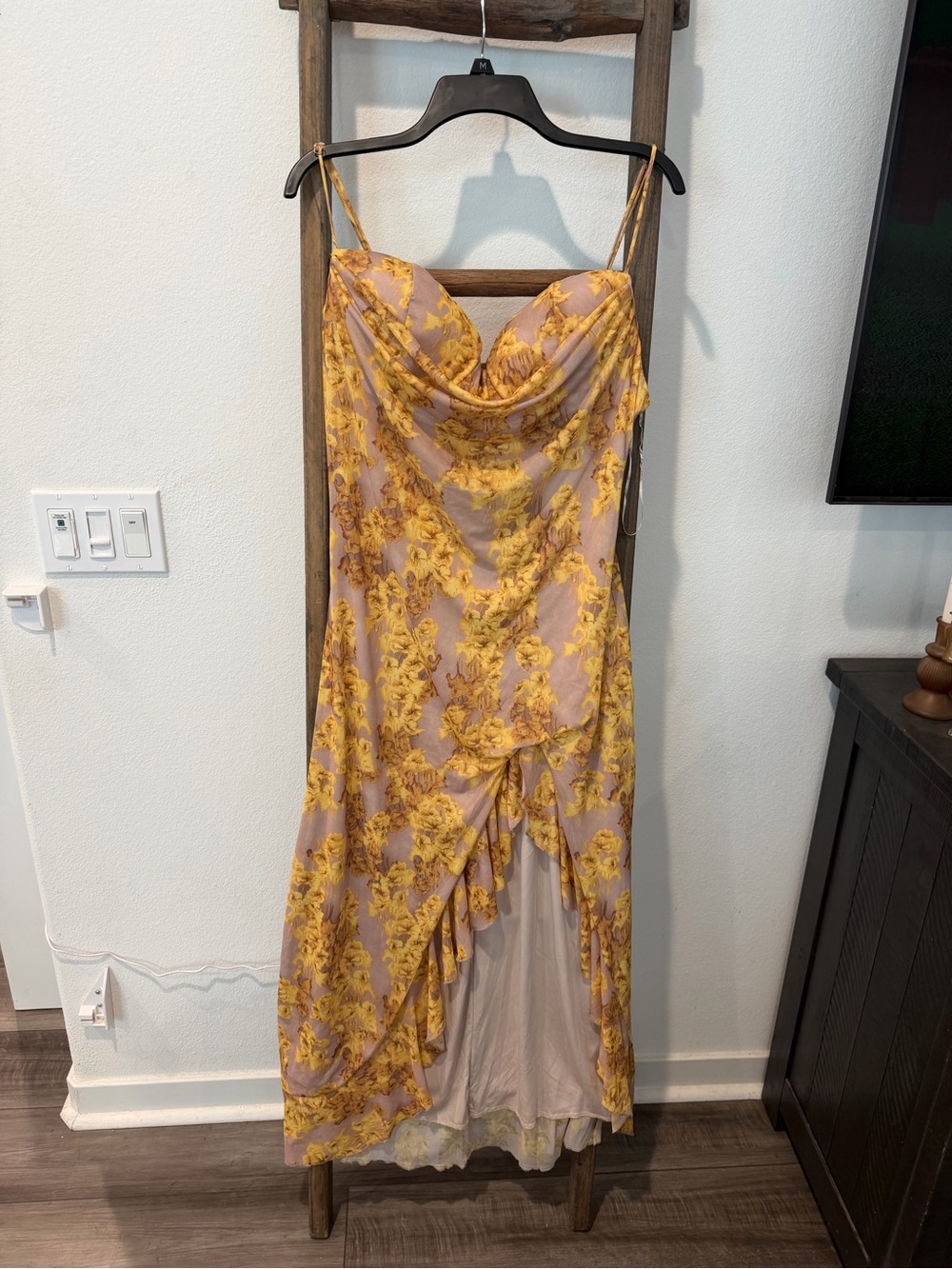 Fashion Nova Yellow Floral High-Low Slip Dress